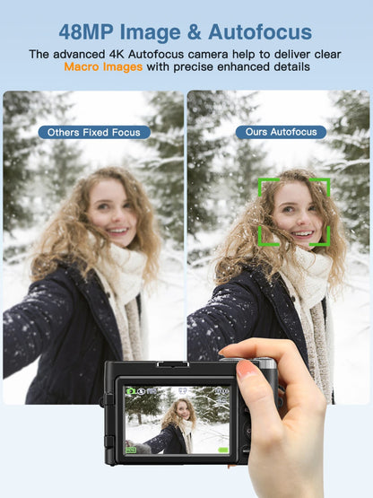 4K Digital Camera  48MP  180° Flip Screen with Flash