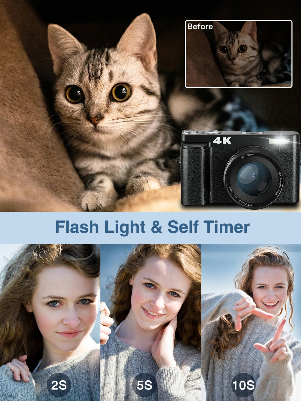 4K Digital Camera  48MP  180° Flip Screen with Flash