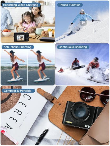 4K Digital Camera  48MP  180° Flip Screen with Flash