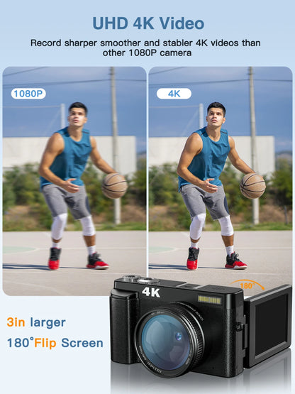 4K Digital Camera  48MP  180° Flip Screen with Flash